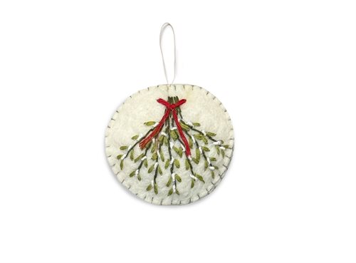 Ornament, Embroidered Mistletoe, Red
