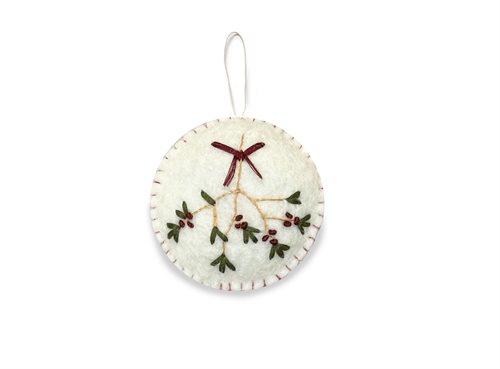 Ornament, Embroidered Mistletoe, Dark Red